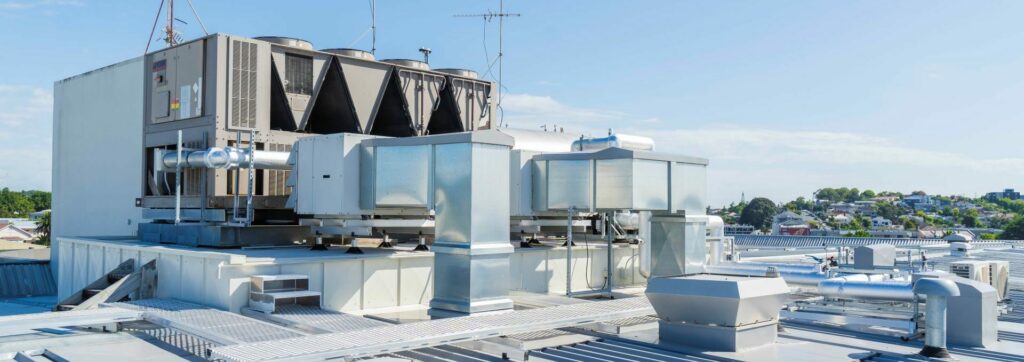 HVAC outdoor chiller sits on rooftop