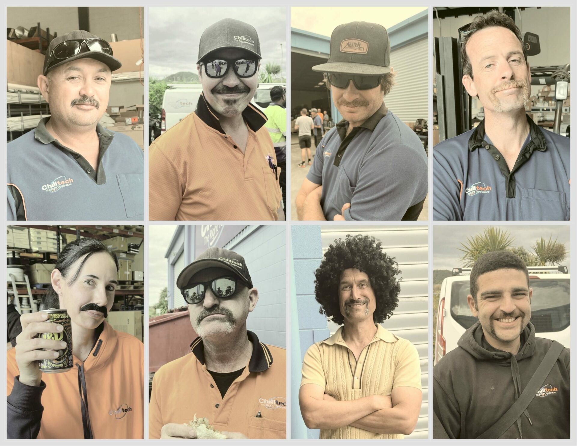 a collage of images showing the Chilltech Whangarei team with their moustaches for Movember
